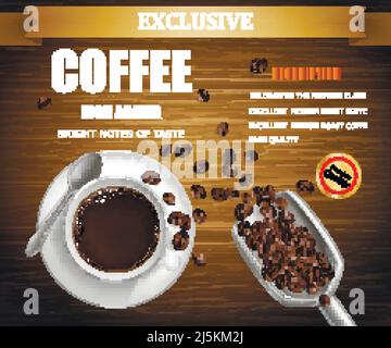 Vector Werbeplakat mit 3D realistische Tasse Kaffee auf Untertasse mit Metalllöffel. Bohnen in Schaufel auf Holzhintergrund. Draufsicht auf heißes Aromagetränk, Paket Stock Vektor