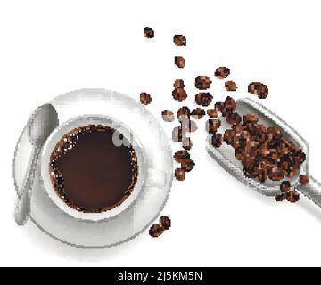 Vector 3D realistische Tasse Kaffee auf der Untertasse mit Metalllöffel. Bohnen in grauem Messlöffel isoliert auf weißem Hintergrund. Blick von oben auf heißen arabica-Drink, ame Stock Vektor