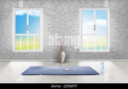 Vector Mockup von leerem Zimmer mit Ziegelwand, zwei Fenstern, blauem Teppich, Vase und Flasche Wasser auf Holzboden. Interieur-Szene, Studio für Fitness oder Stock Vektor