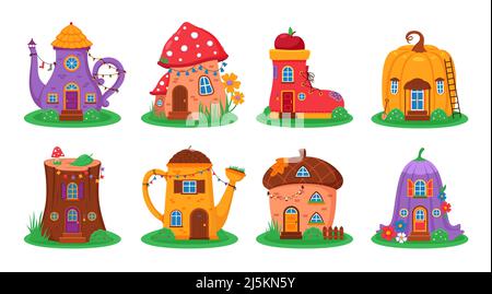 Cartoon Fantasy Häuser. Niedliche kleine Feen Häuser, lustige verschiedene Formen magische Gebäude, Gnom Cottage, hübsche Pilze, Kürbis und Eichel. Violett Stock Vektor