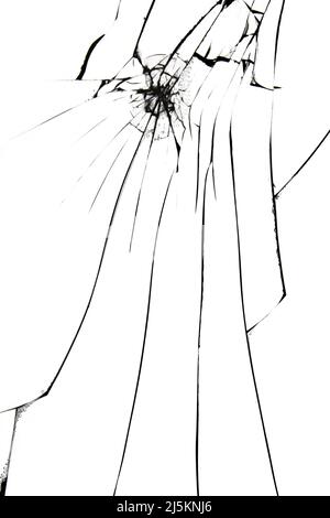 Gebrochenes Glas auf Fenster isoliert Riss auf weißem Hintergrund. Cracks-Konzept für die Konstruktion Stockfoto