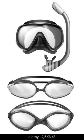 Vector Set von 3D realistische Maske für Tauchen und Schutzbrille für Schwimmen im Pool. Schnorchelgeräte. Schwimmausrüstung aus schwarzem Kunststoff. Respiration und Stock Vektor