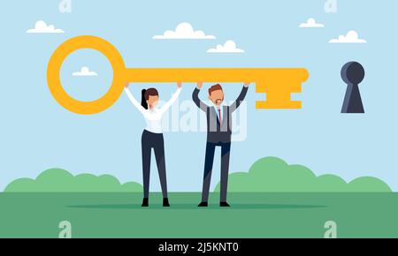 Der Schlüssel zum Erfolg liegt im Team. Geschäftsleute und Frauen halten den goldenen riesigen Schlüssel. Zusammenarbeit und Zusammenarbeit der Menschen. Gemeinsam Ziele erreichen. Häufige Ursache Stock Vektor