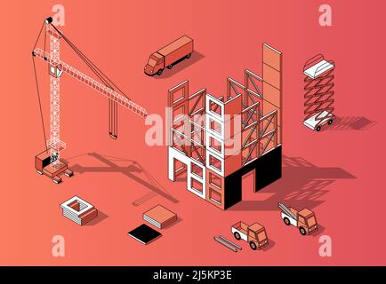 Vector 3D isometrisches Baustellenkonzept mit Rohbau, Kran und Transport. Außenansicht des Gebäudes in orangefarbenen Farben, schwarzen dünnen Linien. Urb Stock Vektor