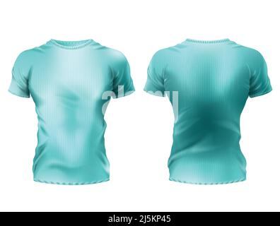 Vector 3D realistisches männliches T-Shirt Mockup, blaue Hemden mit kurzen Ärmeln isoliert auf weißem Hintergrund. Lässige Unisex-Sportbekleidung, Vorder- und Rückansicht, b Stock Vektor