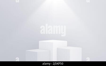 Minimalistisches Würfelpodium mit einem Highlight auf weißem Hintergrund. 3D Rendering. Stockfoto