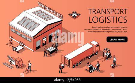 Vector 3D isometrische Website-Vorlage mit Lager, LKW und Menschen. Dünnes Internetportal mit Knopf für die Transportlogistik. Orangefarbener Hintergr Stock Vektor