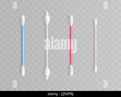 Vector Kollektion von Wattestäbchen - verschiedene Formen und Typen für Sauberkeit. Realistische Toilettenartikel, Badezimmerobjekt. Gesundheitswesen, Make-up-Zubehör. Swa Stock Vektor