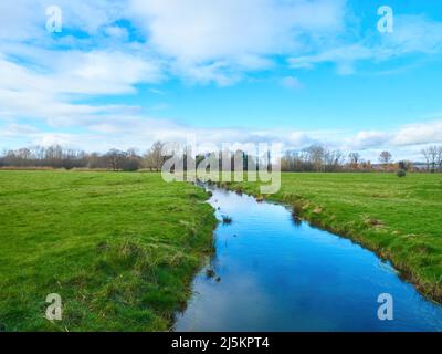 Ein glasiger Strom reflektiert den blauen Himmel, während er sich von einem baumgesäumten Horizont aus durch eine weit offene Wasserwiese schlängelt. Stockfoto