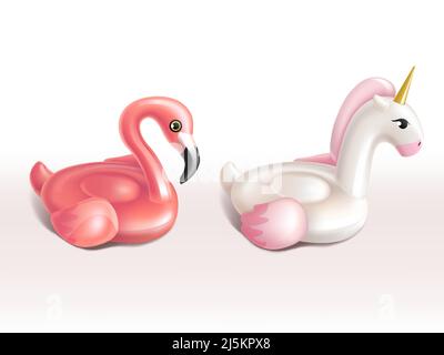 Vector 3D realistischer Satz Schwimmringe - rosa Flamingo und weißes Einhorn. Aufblasbare Schwimmausrüstung für Sommerbecken, Meer oder Meer. Strahlend kindisch Stock Vektor
