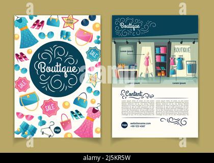 Vector Broschüren mit Mädchen Boutique, weibliche Kleidung Shop. Booklet mit Kleiderschrank mit Kleidung, Cartoon-Schaufensterpuppe in Kleid und Sachen auf Kleiderbügeln. Liste Stock Vektor