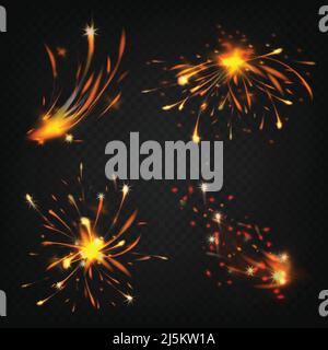 Vector realistische Sammlung von Feuerwerkskörpern, Funken aus Schweißen oder Schneiden von Metall. Hell leuchtenden Kometen, brennende Dekoration für den Urlaub. Explosion von Fla Stock Vektor