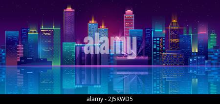 Vector moderne Megapolis in der Nacht. Beleuchtung von hell leuchtenden Gebäuden im Cartoon-Stil. Städtische Wolkenkratzer in Neonfarben, Stadtfassade, Architec Stock Vektor