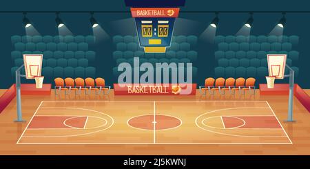 Vektor Cartoon Hintergrund von leeren Basketballplatz. Innenraum der Sportarena mit Scheinwerfern, Sitzplätzen und Platz für Sportspiele. Spielplatz für den Wettbewerb Stock Vektor