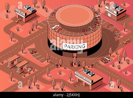 Vektor 3D isometrisches Gebiet für Autos mit runden mehrstöckigen Parkplatz. Fahrzeuge auf überdachtem Gebäude, Stadtgarage in orange Farben, hergestellt in schwarz Stock Vektor