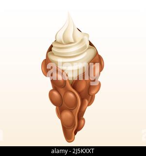 Vector Blasenwaffel mit Schlagsahne. Köstliches Schokoladenprodukt mit Eisbecher isoliert auf weißem Hintergrund. Leckeres Essen, warmes Essen auf der Straße in realisti Stock Vektor