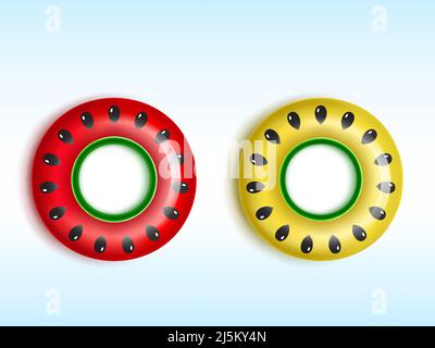 Aufblasbare rote und gelbe Ringe mit Wassermelonen- und Melonensamen-Mustern Draufsicht 3D realistische Vektor-Illustrationen isoliert auf weißem Hintergrund. Summ Stock Vektor