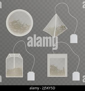 Set rund, Rechteck, Quadrat, pyramidenförmige Teebeutel mit blanken, weißen Etikett Tag und grünen Teeblättern innen 3D realistische Vektor-Illustration, Teebeutel Stock Vektor