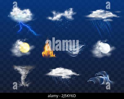 Tag, Nacht Wetterprognose Symbol, Naturkatastrophe 3D realistische Vektor isoliert auf transparentem Hintergrund gesetzt. Schlechtes Wetter mit Regen, Schnee, kaltem Wind. Stock Vektor