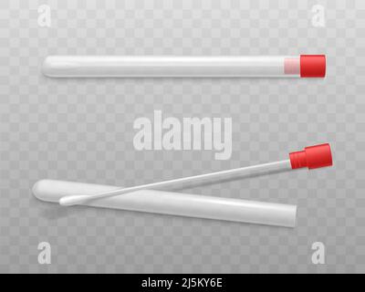 Wattestäbchen in Kunststoffrohr mit roter Kappe 3D realistischer Vektor isoliert auf transparentem Hintergrund. Geräte für medizinische oder wissenschaftliche Tests. Werkzeug für c Stock Vektor