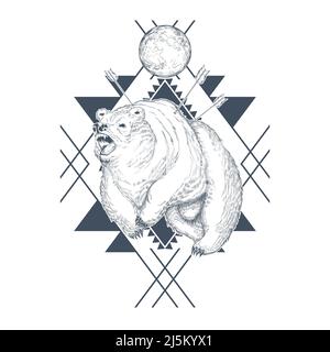 Vektor Hand gezeichnet wütend Bär, Planet in abstrakten geometrischen Formen, verwundete Tier durch Pfeile. Dekorative Grafik-Emblem mit großem Grizzly für T-Shirt pri Stock Vektor