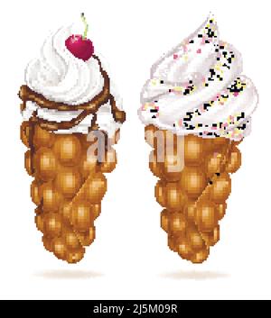Zwei Waffeln mit Eierblasen aus Hongkong mit Schlagsahne oder Eis, bestreut mit Farbpulver, verziert mit Kirschbeere in Schokolade, die 3D REA bedeckt Stock Vektor