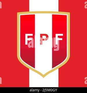 Logo des Fußballverbands Peru mit Nationalflagge, FIFA-Weltmeisterschaft 2022, Abbildung Stockfoto