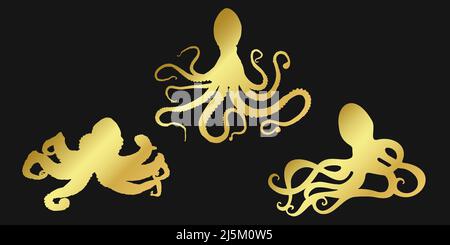 Setzen Sie schwarze Kraken, Devilfish oder Poulpe Zeichen Symbol auf weißem Hintergrund. Vektorgrafik Clipart. Stock Vektor