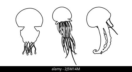 Setzen Sie das Symbol für Quallen, medusa, Seegrüsse oder Nesselfische auf weißem Hintergrund in schwarzer Umrandung. Vektorgrafik Clipart. Stock Vektor