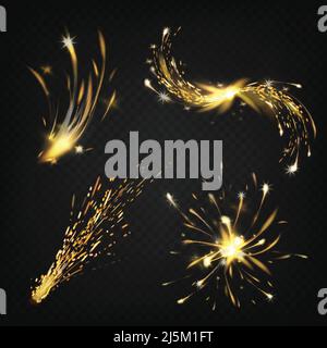 Vector realistische Sammlung von Funken aus Schweißen oder Schneiden von Metall, Feuerwerk. Hell leuchtenden Kometen, brennende Dekoration für den Urlaub. Explosion von Fla Stock Vektor