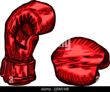 Rote Boxhandschuhe skizzieren auf isoliertem weißem Hintergrund. Vintage Sportausrüstung für Kickboxen in gravierter Optik. Vektor handgezeichnetes Design für poste Stock Vektor