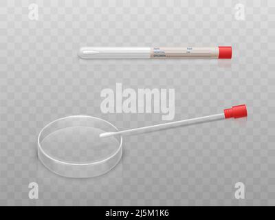Vector Medical Set für die Sputumanalyse - Petrischale und q-Tip mit Wattestäbchen in durchsichtiger Glaskapsel. Individuelle Hygieneartikel aus Kunststoff Stock Vektor