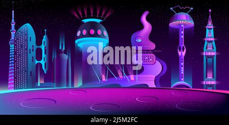 Alien City Cartoon-Vektor in Neonfarben mit fantastischen futuristischen Wolkenkratzern und ausgefallenen Gebäuden auf der Planetenoberfläche mit Kratern Illustration. Stock Vektor