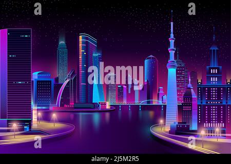 Vector moderne Megapolis auf dem Fluss in der Nacht. Zeitgenössische Architektur: Hell leuchtende Gebäude, Promenade und Brücke im Cartoon-Stil. Städtischer Skyscrap Stock Vektor