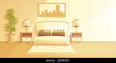 Geräumiges, sonniges Schlafzimmer mit Cartoon-Vektor mit Pelzteppich auf dem Boden, komfortablem Doppelbett, eleganten Lampen auf Schränken, Foto oder Malerei in Flam Stock Vektor