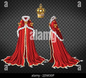 Königinnen oder Prinzen königliche Robe mit rotem Umhang und Mantel getrimmt Ermin Fell und kostbare Goldkrone verziert Perls 3D realistische Vektor vorne, Seitenansicht Stock Vektor