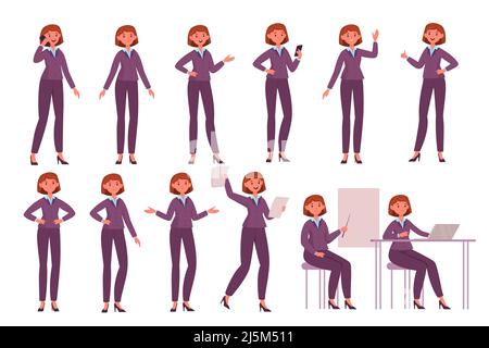 Cartoon Business Frau Posen. Professioneller Büroangestellter weiblicher Charakter, verschiedene Posen und Emotionen, strikte Kleiderordnung, Dame beim Gehen und Sitzen Stock Vektor