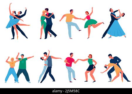 Tanzende Paare. Cartoon professionelle Tänzer Charaktere, Männer und Frauen in der Durchführung von Outfits. Moderne Typen tanzen latein und Tango, Walzer und Disco Stock Vektor