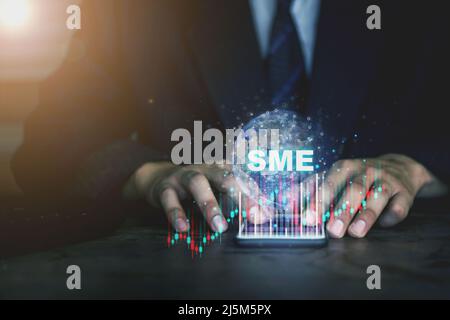 SME (or small and medium enterprises) signed with the icon network on business phone Stockfoto