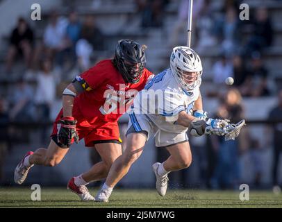 23. April 2022: Johns Hopkins von Logan Callahan (35) versucht, sich das Faceoff während des ncaa Männer Lacrosse regulären Saisonfinales zwischen den Maryland Terrapins und den Johns Hopkins Blue Jays im Homewood Field in Baltimore, Maryland zu sichern Fotograf: Cory Royster Stockfoto