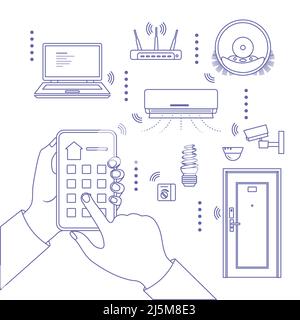 Vektorgrafik Smart Home Anwendungskonzept. Menschliche Hände, die das Mobiltelefon mit dem Haus verbunden halten. Fernbedienungssystem für Zuhause. IOT Internet of Stock Vektor