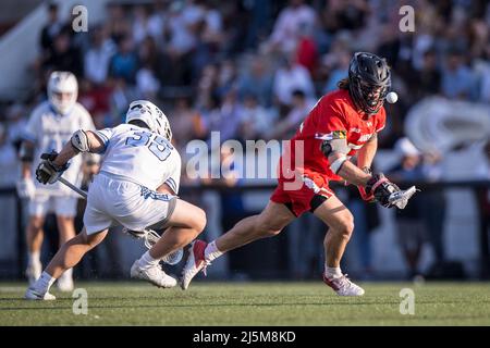 23. April 2022: Maryland von Luke Wierman (52) war während des gesamten Spiels dominant bei Faceoff-Kämpfen während des ncaa-Finale der regulären Lacrosse-Saison zwischen den Maryland-Wasserschildkröten und den Johns Hopkins Blue Jays im Homewood Field in Baltimore, Maryland Fotograf: Cory Royster Stockfoto