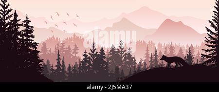 Horizontales Banner. Silhouette des Fuchses, der auf einem Grashügel steht. Hirsch. Berge und Wald im Hintergrund. Magische neblige Landschaft, Bäume, Tiere. Pin Stock Vektor