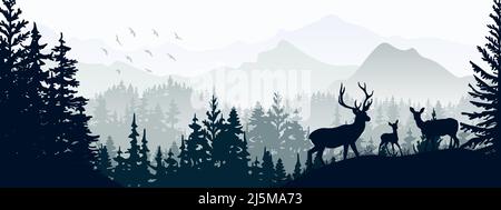 Horizontales Banner. Silhouette von Hirsch, Rehe, Rehkitz, die auf der Wiese im Wald stehen. Silhouette von Tier, Bäumen, Gras. Magisch neblige Landschaft, Nebel, moun Stock Vektor