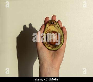 Frau Hand mit hässlich faulen Avocado in zwei Hälften geschnitten. Überreife schlechte Früchte bei Sonnenschein mit Schatten. Hochwertige Fotos Stockfoto