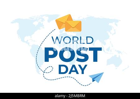 World Post Day Design-Vorlage mit Umschlägen und Weltkarte im Hintergrund. Einfaches Design für Grußkarten, Banner oder Print. Vektorgrafik Stock Vektor