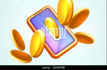 Vektordarstellung „Cashback“ oder „Refund Money Service 3D“. Handybildschirm mit fliegenden Goldmünzen. Bargeldbonus zurück aus E-Commerce-Kauf, Online-Zahlung. Konzept für finanzielle Einsparungen oder Einkommen. Stock Vektor