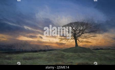 Digitales abstraktes Ölgemälde eines einbunter Baumes bei Sonnenaufgang auf Grindon Moor, Staffordshire, White Peak, Peak District National Park, Großbritannien. Bildende Kunst, Kunstwerke Stockfoto