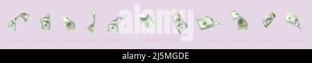 Legen Sie 100-Dollar-Banknoten fliegen auf rosa Hintergrund. Sammlung von fliegenden Banknoten von hundert Dollar. Blick aus verschiedenen Blickwinkeln. Stockfoto