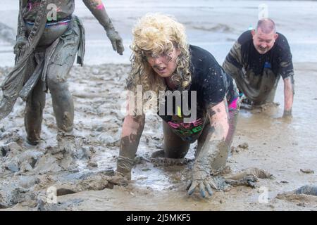 Die Teilnehmer nehmen am Maldon Mud Race in Maldon, Essex, Teil, da das Rennen zum ersten Mal seit zwei Jahren zurückkehrt. Das Maldon Mud Race ist ein alljährliches Fun-Rennen, das im Frühjahr (ursprünglich im Winter, jetzt Ende April oder Anfang Mai) im Promenade Park in Maldon, Essex, England, stattfindet und bei dem die Teilnehmer um einen 500 Meter (550 Meter) langen Schuss in dickem Schlamm kämpfen. Über dem Bett des Flusses Blackwater. Das Rennen wird von den Lions & Rotary Clubs von Maldon und dem Maldon District Council organisiert, die Geld für wohltätige Zwecke sammeln. (Foto von Lucy North/SOPA Images/Sipa USA) Stockfoto